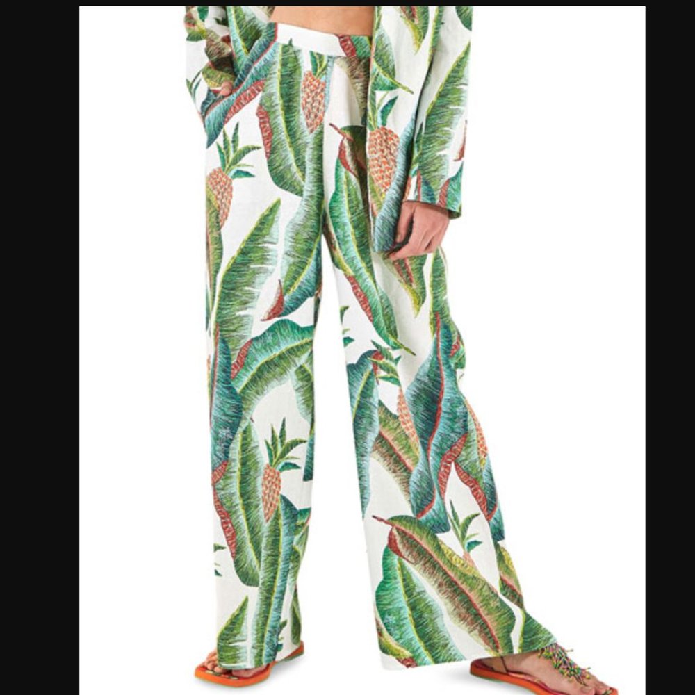 FARM Rio Tropical Print Wide Leg Pants - Green and White
